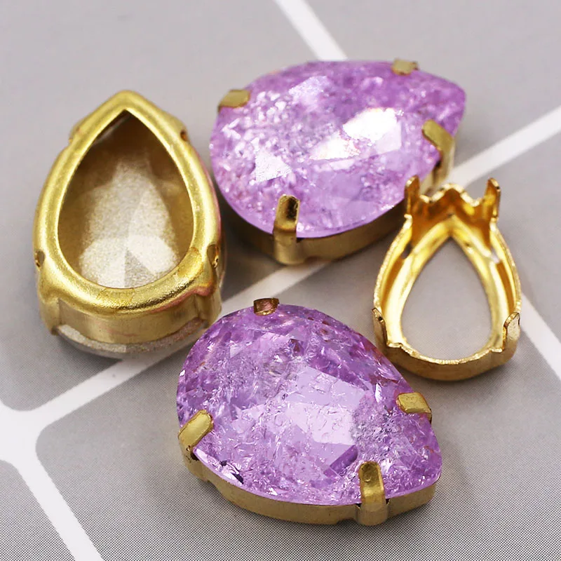 K9 glass crystal rhinestones Teardrop shape sew on gold base claw setting flatback rhinestones for clothing wedding decoration - Цвет: violet