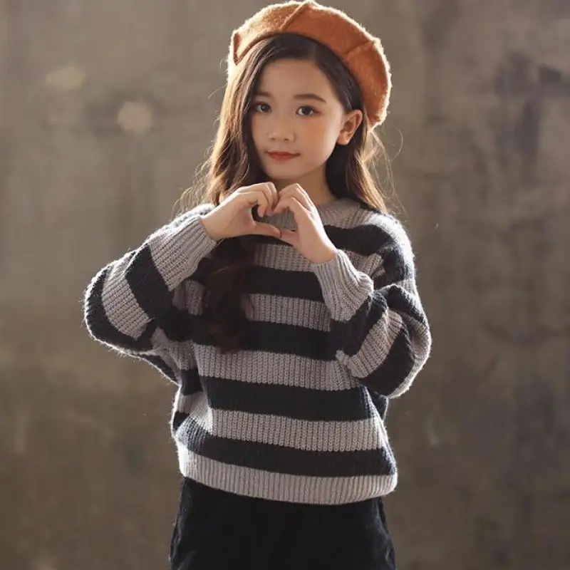 

2018 Toddler Girls Sweaters Baby Kids Striped Thick Sweaters Soft Warm Long Sleeve Autumn Sweaters For Girls Clothes 10 12 Year