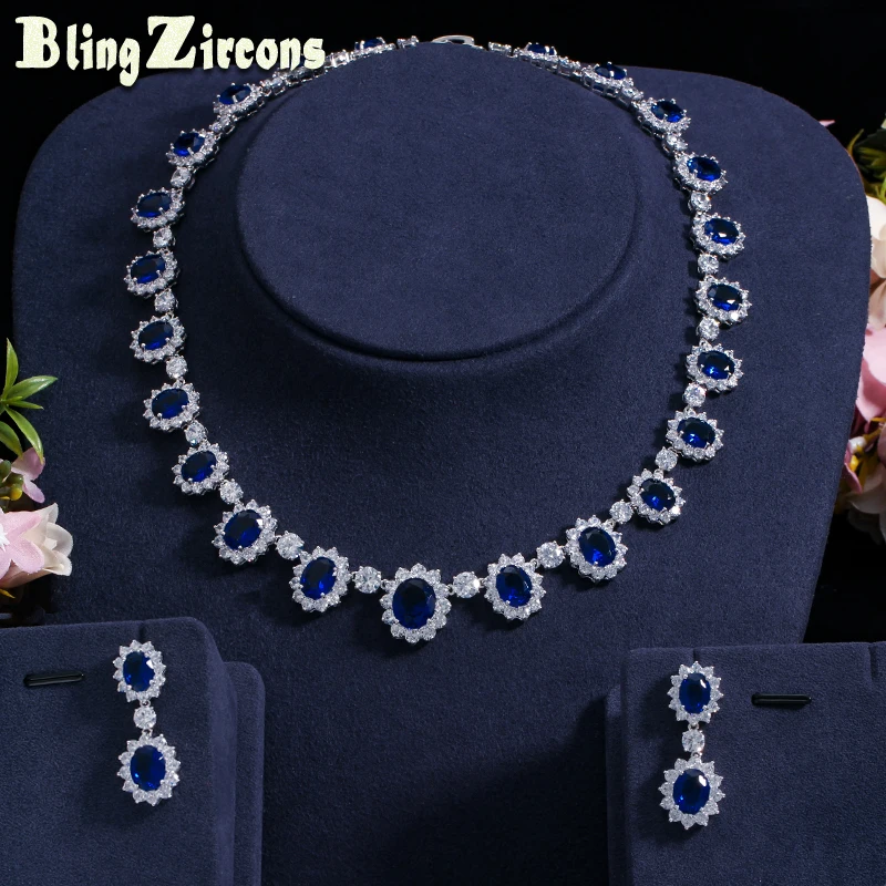 BeaQueen Exquisite Inlaid Big Royal Blue Cubic Zirconia Flower Shape CZ Necklace Jewelry Set for Women Wedding Banquet JS058 | Украшения и