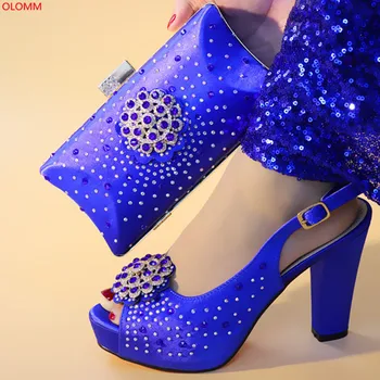 

OLOMM Blue Color African Women Matching Italian Shoes and Bag Set Decorated with Rhinestone Italian Ladies Shoe and Bag . N1-48