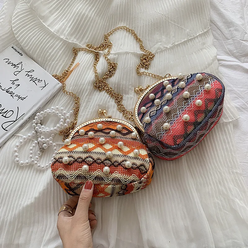 

Female Bag 2019 New Straw Pearl Shell Bag National Contrast Color Patchwork Frame Chain Hasp Shoulder Messenger Bag