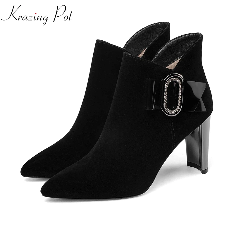 

krazing pot 2018 kid suede crystal buckle diamond women winter banquet high heels zipper elegant sweety charming ankle boots L64