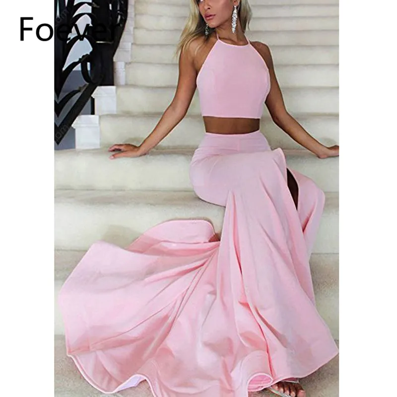 

2019 New Two Pieces Gown Prom Dresses Long vestidos de fiesta Satin Soaghetti Straps Cheap Evening Prom Party Dress