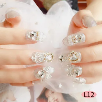 

24 Pcs Lots Fake Nails 3D Bridal Wedding Nail decorative Tips Rhinestones tiara designs Medium long False Nails artificial nails