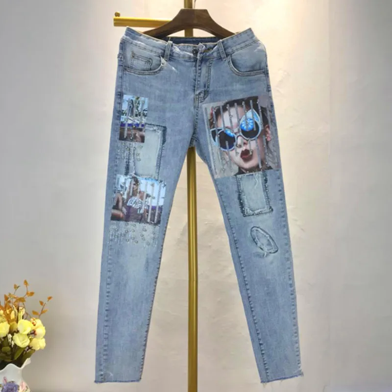 

2019 Denim Jeans Womens Streetwear 3D Beading Jeans Vintage Stylish Stretch Slim Skinny Pants Ripped Boyfriend Jeans Blue 31