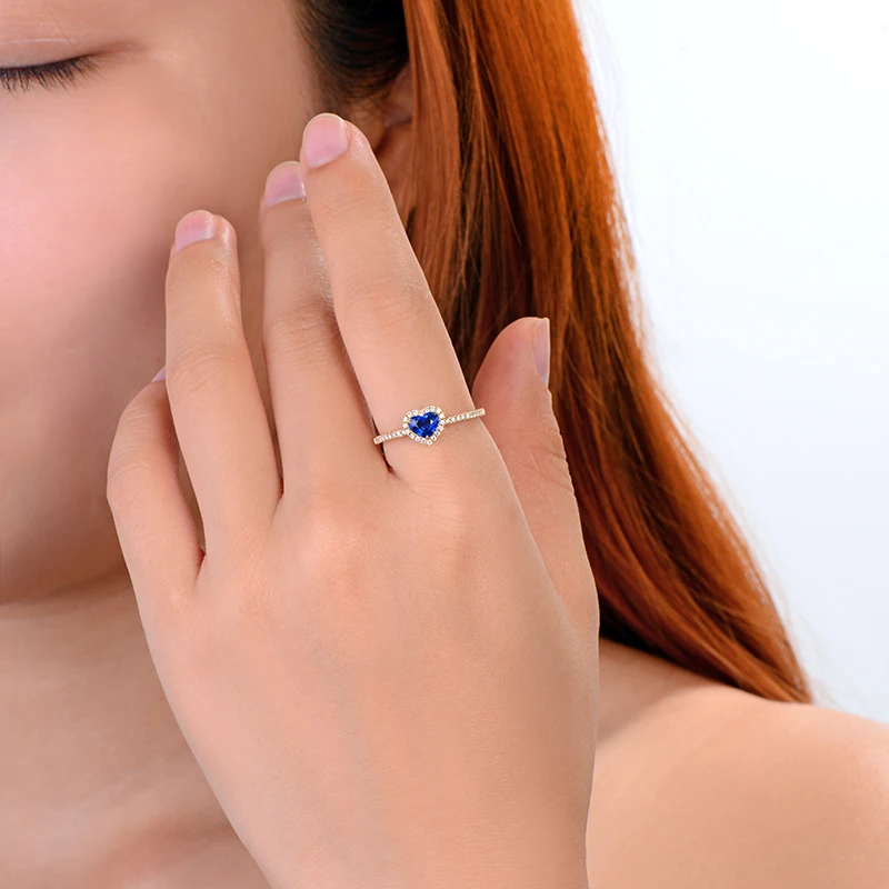 Caimao Heart Shape 0.60ct Natural Blue Sapphire 14k Yellow Gold Halo Diamond Engagement Ring For Women image 4
