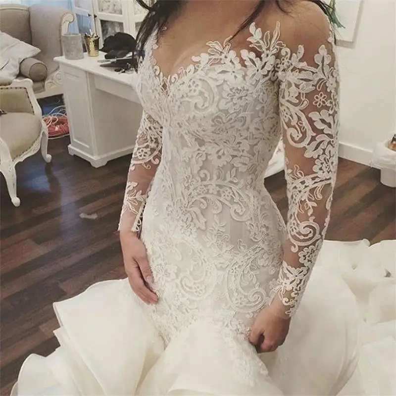 Роскошное Русалка свадебное платье Vestido De Novia с длинным рукавом Кружева с аппликацией Многоярусное оборками платье невесты из органзы Плюс Размер