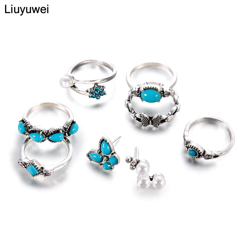 

Liuyuwei Fashion Imitation Pearl Jewelry Sets Charm Bohemia Vintage Rings Stud Earrings Jewelry Sets For Women Girl YW0743