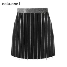 Cakucool/Новинка; черная мини-юбка с отделкой бисером и кисточками; уличная блестящая тонкая юбка с цепочкой; короткая юбка; сезон весна-осень