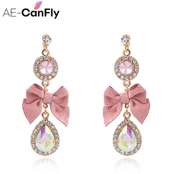 

AE-CANFLY 2018 Korean Sweet Pink Bow Drop Earring Bling Crystal Long Earring brincos pendientes Wholesale Jewelry