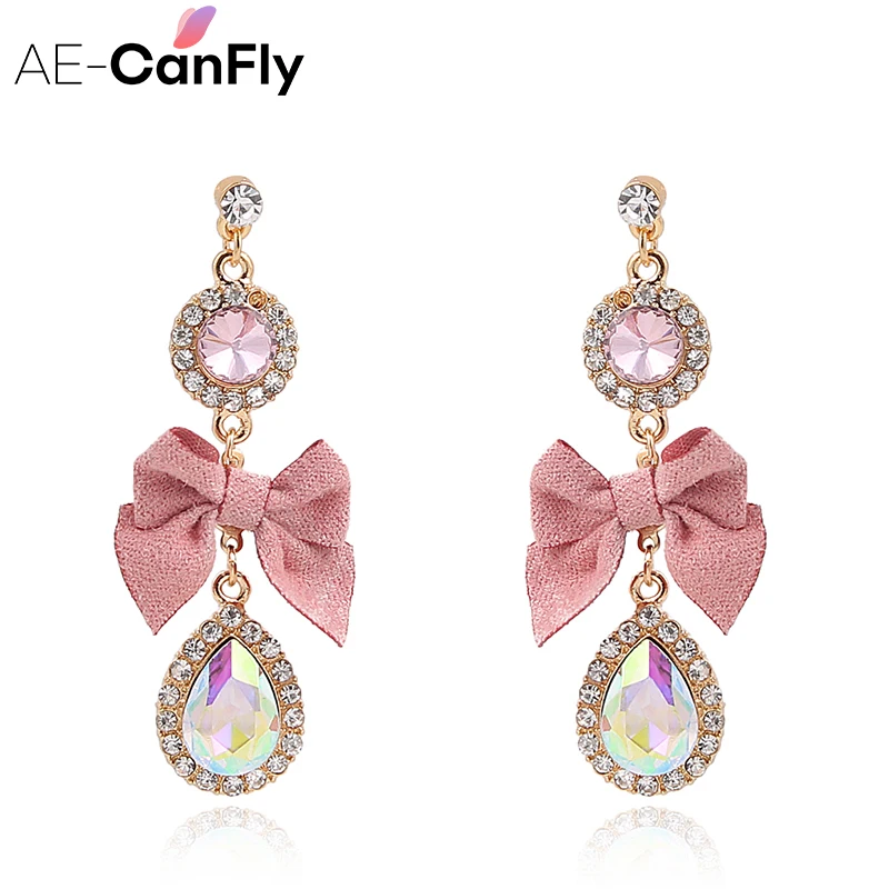 AE CANFLY 2018 корейские милые розовые серьги капли с бантом длинные кристаллами brincos