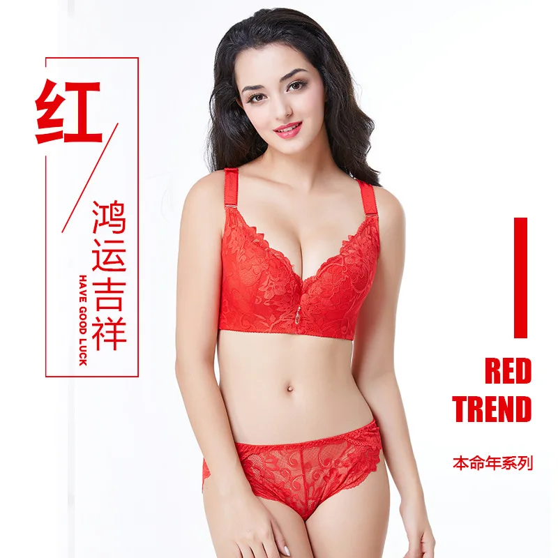 

WeseeLove China Red Bra Sets Have Good Luck Push Up Lace Bra Set 80-120 Plus Size for Women C D E Cup Sexy Lingerie Set