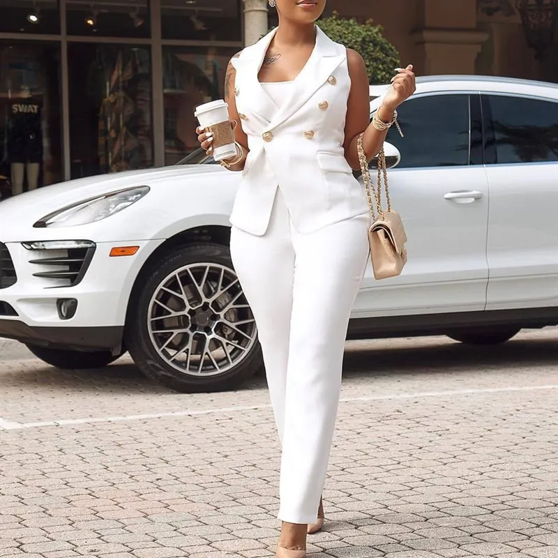 

2019 Casual Sleeveless Double Breasted Two Piece Set Bodycon Long Pants Women Set White Blazer Office Set