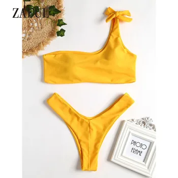 

ZAFUL One Shoulder Bikini Swiwear Women High Leg Swimsuit Sexy Low Waiste Solid Bathing Suit Padded Swimwear Summer Beach Biquni