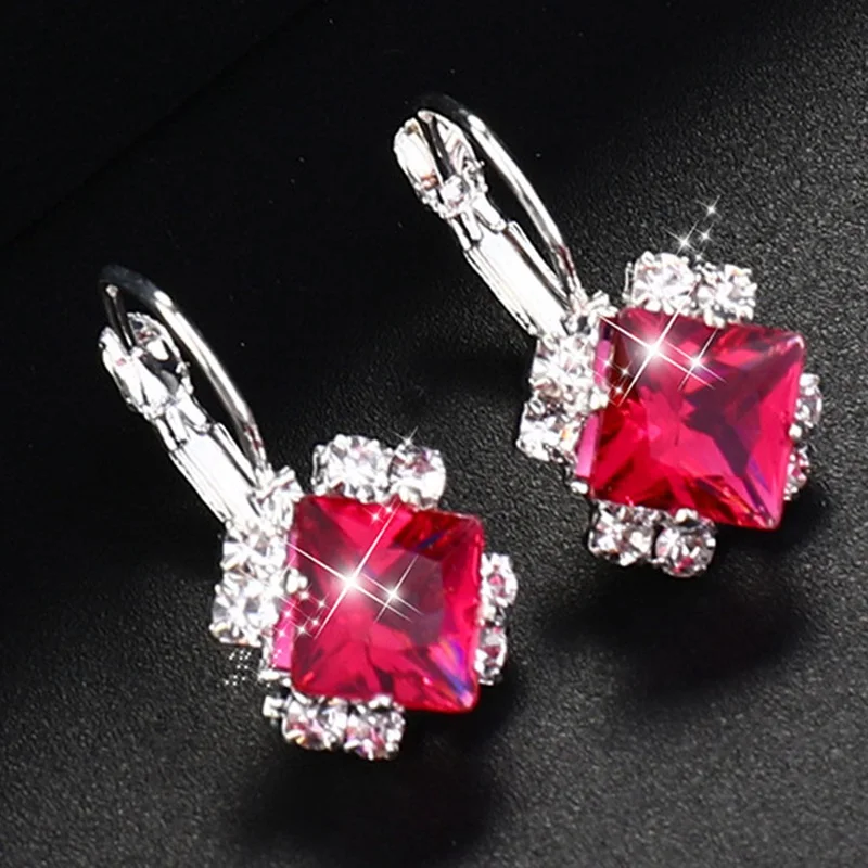 Fashion Silver Color Square Drop Earrings Purple Red Blue Black Austrian Crystal Rhinestone Earring For Women Wedding Jewelry drop earrings crystal earrings