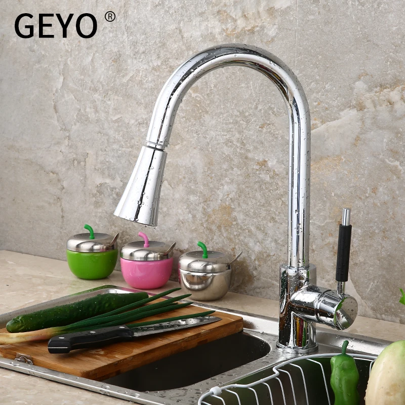 

GEYO Kitchen Faucets Silver Single Handle Pull Out Kitchen Tap Single Hole Handle Swivel 360 Degree Water Mixer Tap Mixer Tap