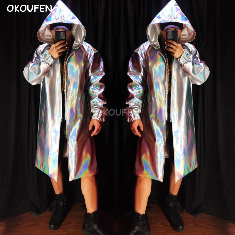 

Star Style Men Fashion Siver Laser Long Jacket New Nightclub Bar Male singer Loose coat stage show performance outwear