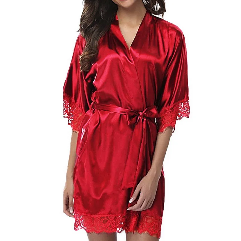 Сексуальное Кружевное ночное белье, черный халат, женская мода, одноцветная ночная рубашка с коротким рукавом, Дамское Платье, повседневные кружевные халаты с бантом, женская одежда для сна - Цвет: red