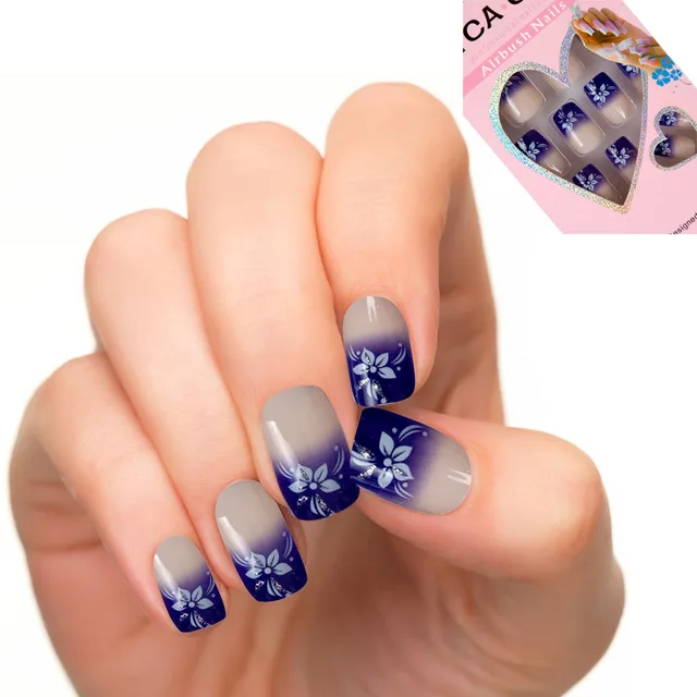24pcs Set Pre Design Acrylic Nail Tips False French Style Faux 24pcs Set Pre Design Acrylic Nail Tips False French Style Faux Ongles Blue Flower