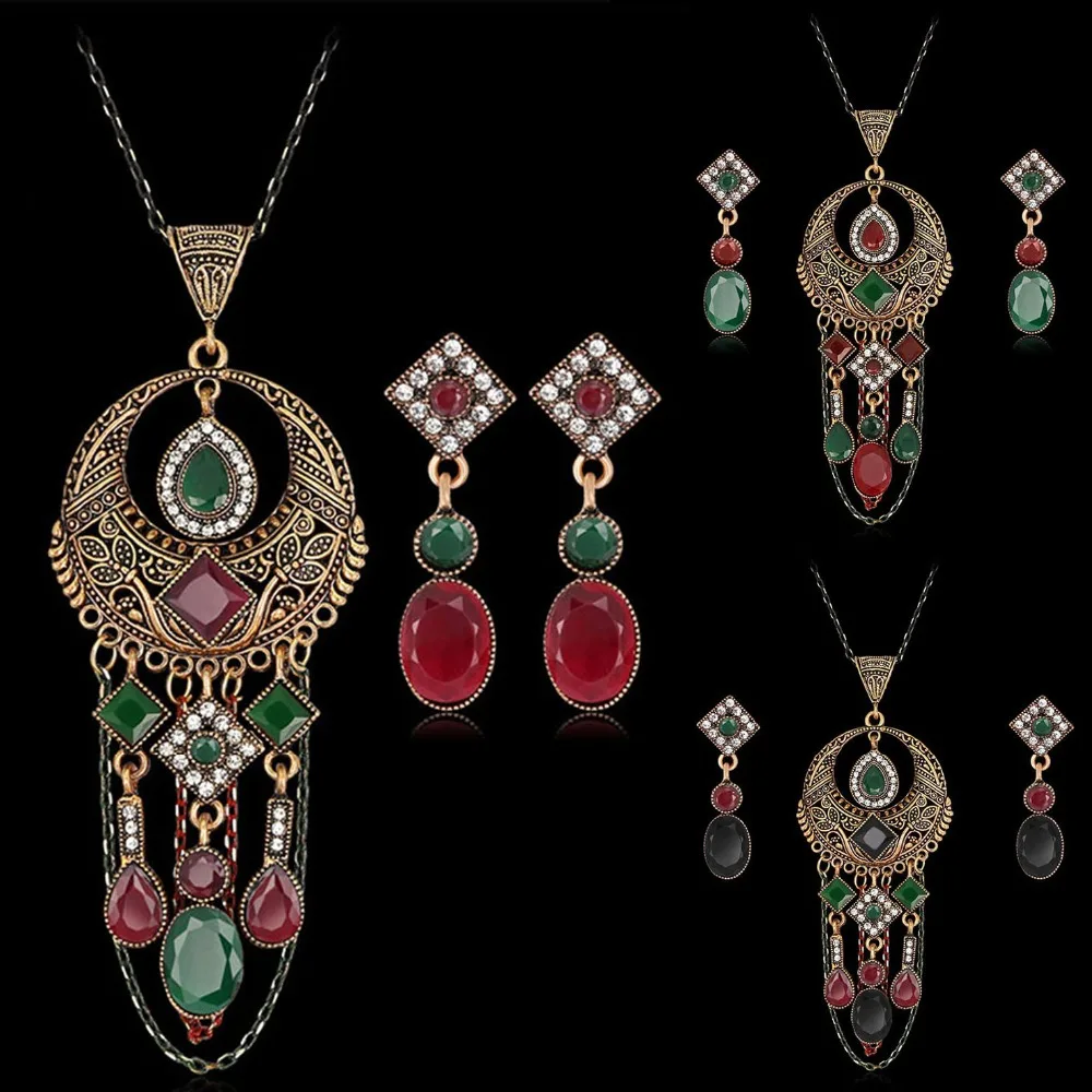 New Retro Rhinestones Crystal Pendant Necklace Chain Earrings Jewelry Set | Украшения и аксессуары