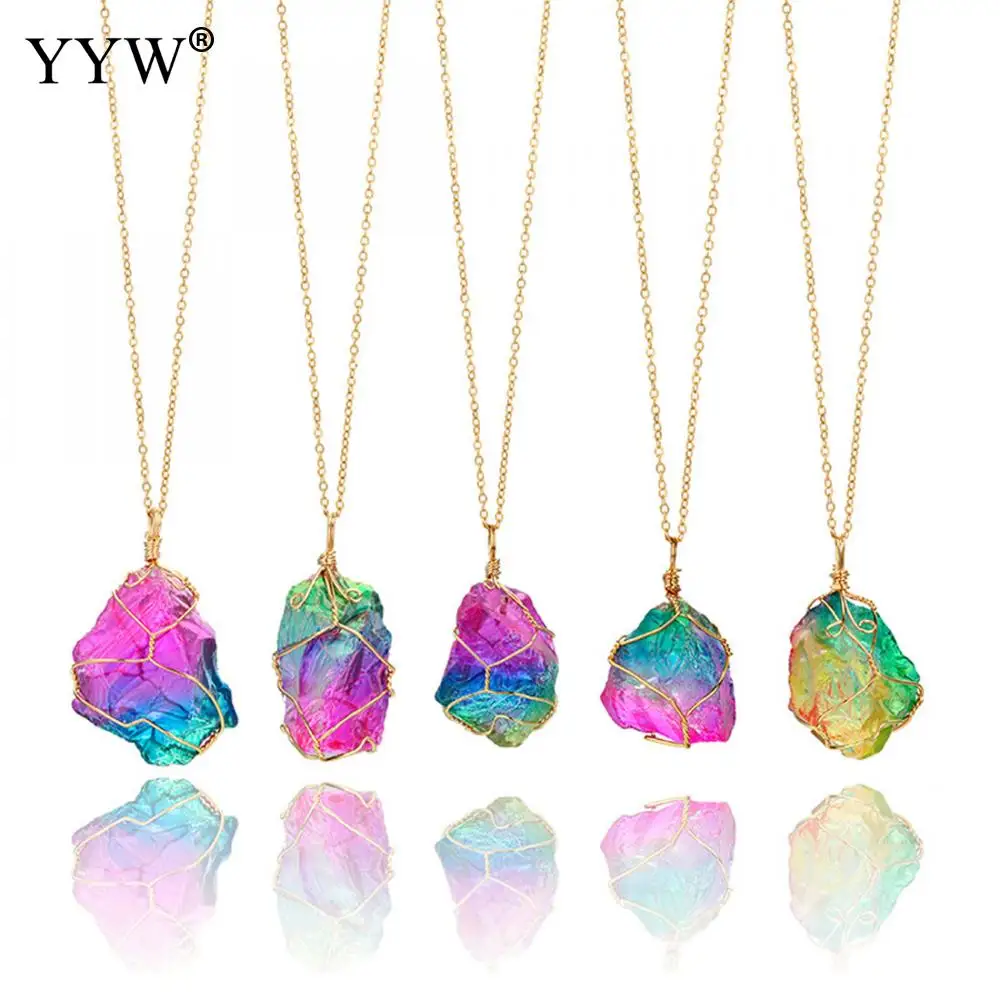 YYW New Fashion Multi Colorful Rainbow Quartz Stone Pendant Necklace