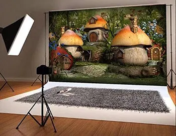 

Mysterious cute mushroom village cottages forest colorful flowers backdrops Vinyl cloth Computer print wall Background
