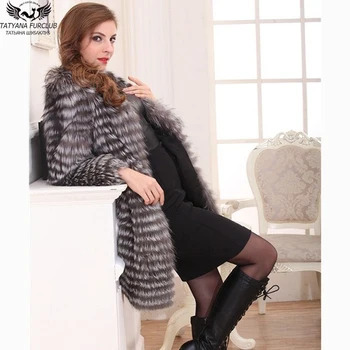 

Tatyana furclub Real Fur Coat Natural Silver Fox Fur Coats Slim Long Winter Casual Style Overcoat Women O-Neck Collar Jacket