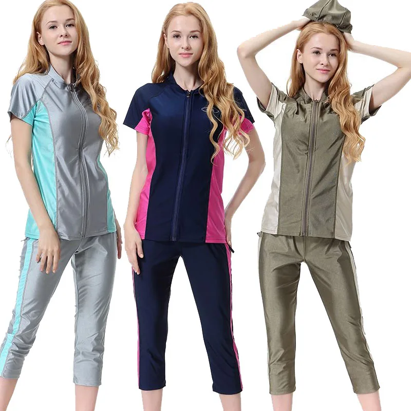 

Plus size Modest Swimwear Short sleeve Islamic Swimsuit Muslim Swimwear Tops+Pants Women Conservative Bodysuits