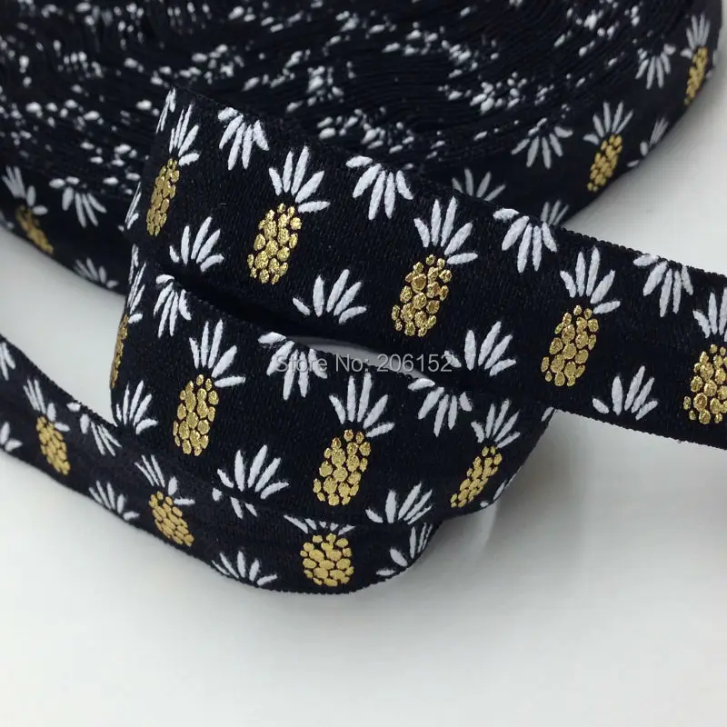 

High Quality Black Pineapple Gold Foil Fold Over Elastic 5/8" Ananas FOE Ribbon for DIY Hair Accessories 10Yards/lot