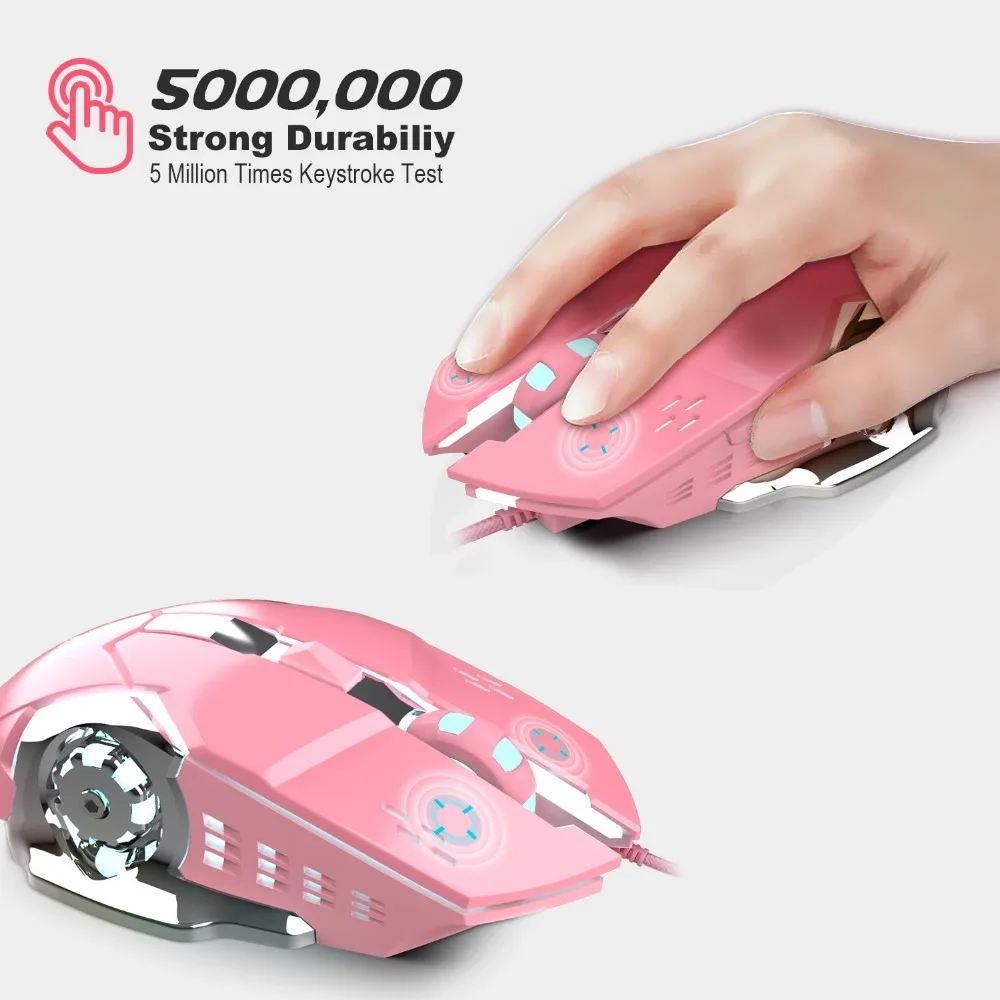 Игровая розовая мышь для девочек, 3200 dpi, холодный белый светильник, внутренняя, стильная, красивая, 4 уровня dpi, проводная, Женская мышь для офиса, игры, подарок