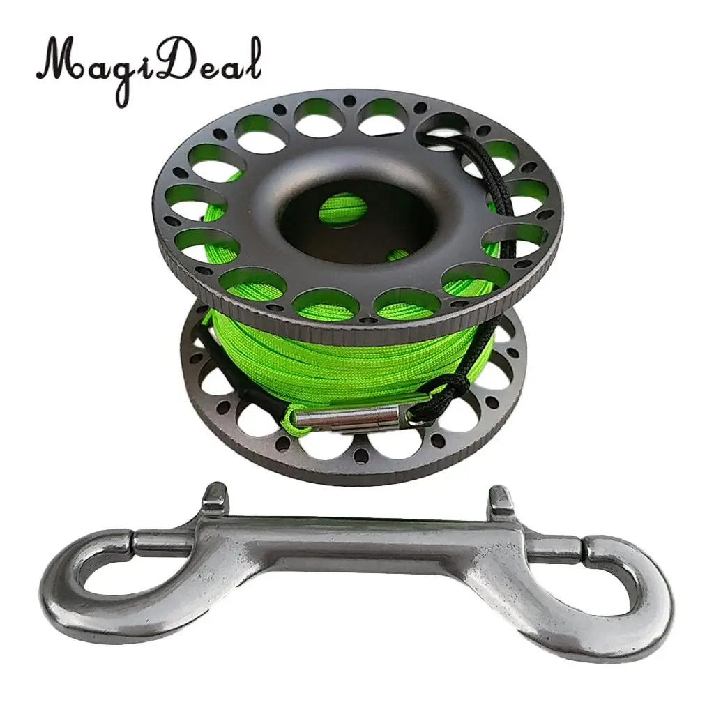 Scuba Diving Aluminum Alloy Spool Finger Reel with Stainless Steel Bolt Snap Hook SMB Safe Equipment - 30m High Visibility Line