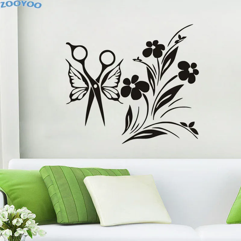 

ZOOYOO Beauty Salon Wall Decals Flowers Butterflies Scissors Wall Sticker Home Decor Removable Wall Art Murals Decoration