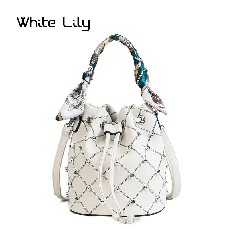 

Summer Women Rivet Plaid Scarf Bucket Bag PU Leather Shoulder Bag Ladies Crossbody Bag Messenger Bag Tote Bags