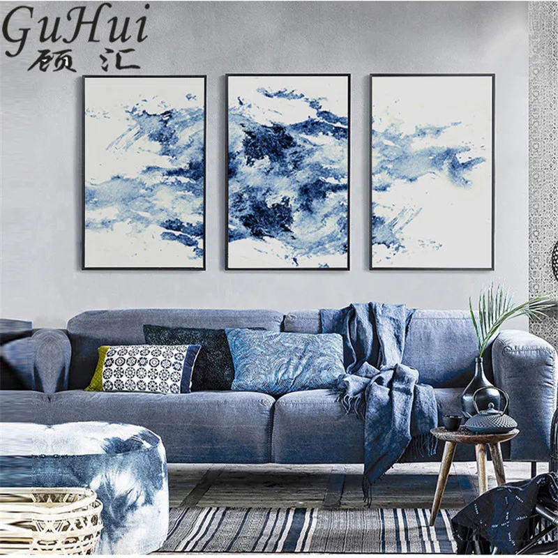 

Blue Rhythm Wave Combination Personality Watercolor Abstract Canvas Painting Decoration Art Poster Modular Pictures Home Decor