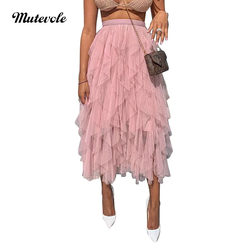

Mutevole Fashion Bodycon High Waist Pleated Midi Skirt Women Sexy See Through Mesh Ruffle Skirt Summer Solid Color Puffy Skirts