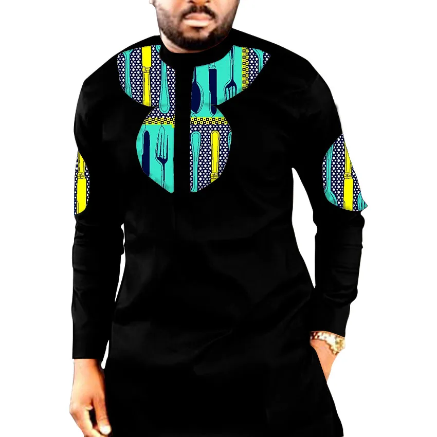 New Design Man's Tops Fashion African Men Tees Dashiki Clothes Print And Black Long Sleeve Men T-shirt African Clothing For Men