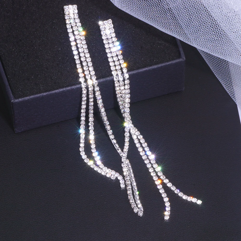 Trendy Long Tassel Drop Earrings for Women Bijoux Korean Style Shiny Crystal Dangle Earring Weddings Party Fashion Jewelry Gifts