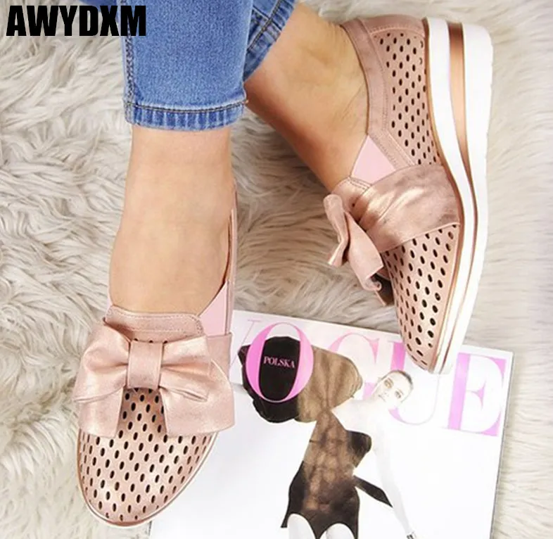 

Big size women casual shoes autumn Round head Hollow platform shoes ladies Bow Breathable Wedge slip on Loafers woman shoes S783