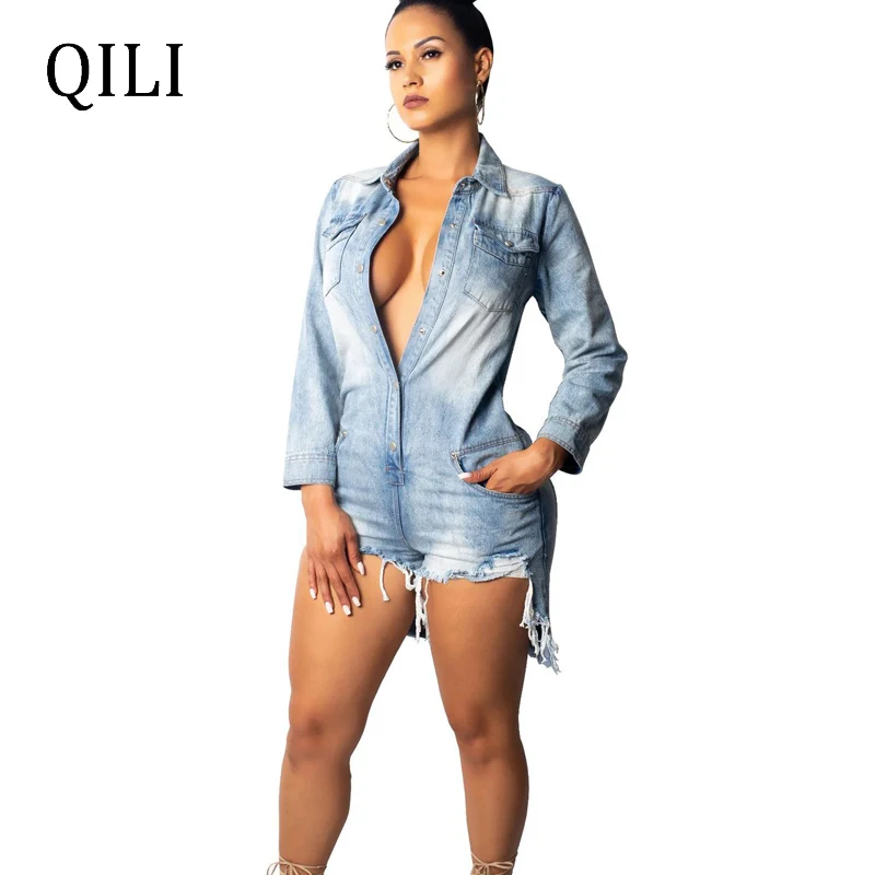 

QILI Women Denim Jumpsuits Rompers Long Sleeve Turn-Down Collar Buttons Pockets Fashion Rompers Playsuits Womens Overalls
