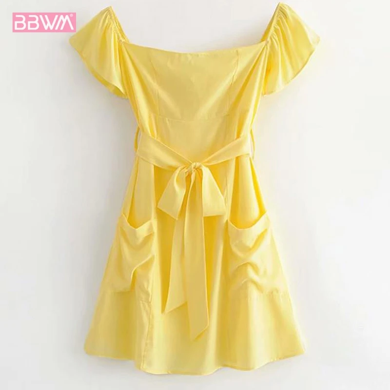 

Retro yellow strapless neckline dress 2019 summer new belt double pocket Pure color belt casual holiday women's dress