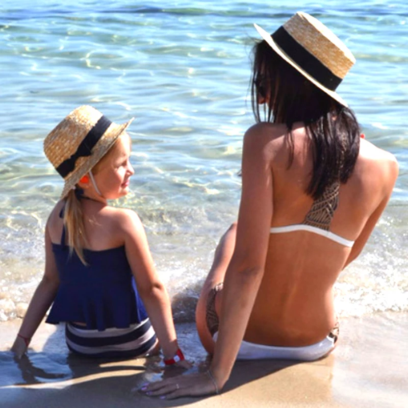 MAERSHEI Summer women straw hat Parent-child sun hat Kids Large Brim Beach caps Boater Beach Ribbon Round Flat Top fedora