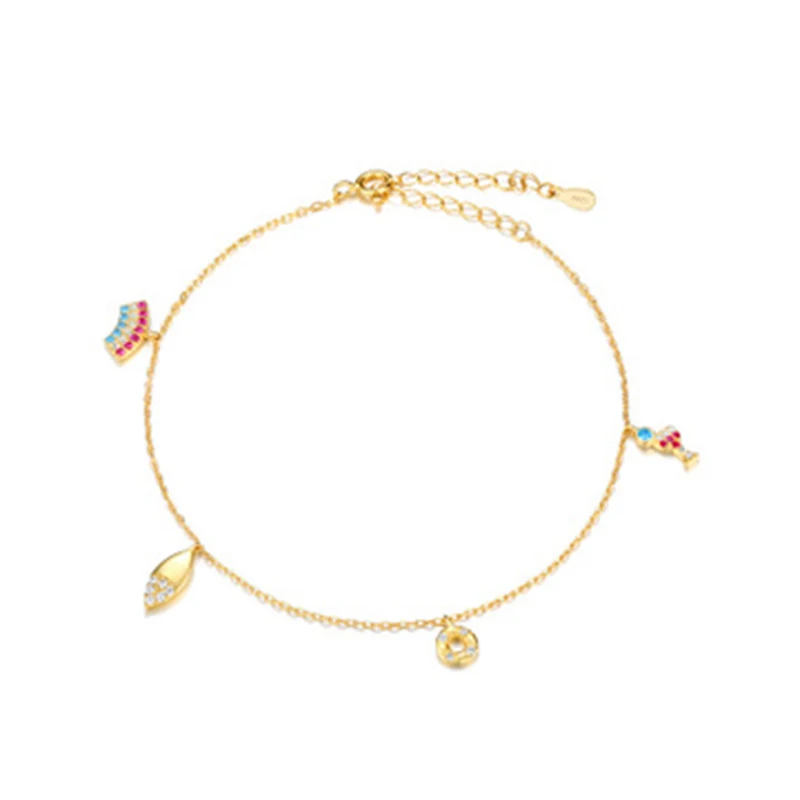 Qevila New Jewelry 100% 925 Sterling Silver Summer Ankle Bracelet Gold Anklet  for Women Rainbow WineCup Donut Shell Chain Charm (4)