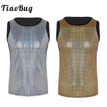 TiaoBug для мужчин модные блестящие металлические пуловер без рукавов Мышцы безрукавки для женщин сексуальный мужской ночной клуб фестиваль Вечерние