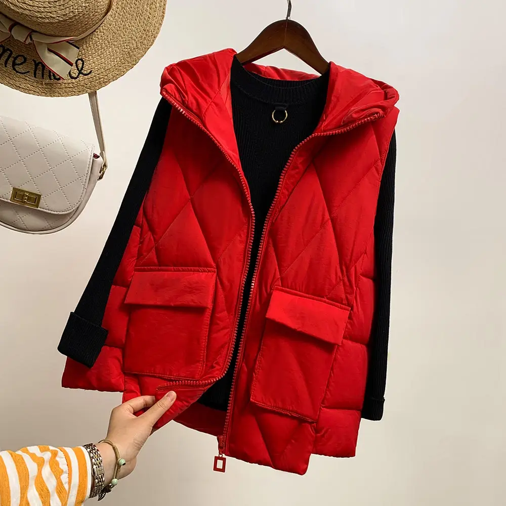 PinkyIsBlack осенне-зимний жилет, женский жилет, Женская безрукавка с капюшоном, куртка, теплый короткий жилет, пальто Colete Feminino - Цвет: Красный