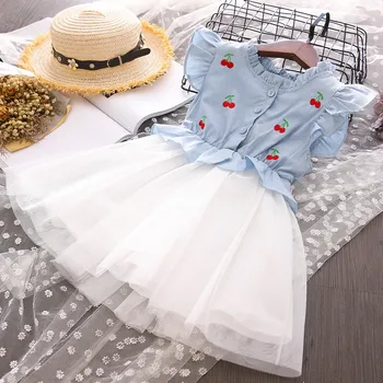 

New 2019 Summer Children Sleeveless Dress Fashion Cherry Embroidery Net Veil Patchwork Toddler Girls Princess Dress For 2-8Yrs