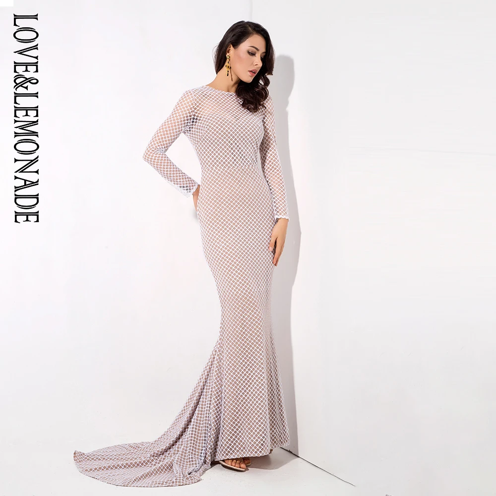 Blanc Lm1078 Longues Ouvert Manches Limonade Robe Treillis Perles Amour Dos Et Longue 7wq4ff