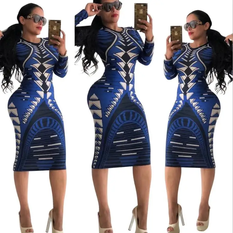 

New Arrival 2018 Autumn Dress Women Long Sleeve Print Dress Robe Sexy Slim Bodycon Party Dresses Midi Spandex Dress Vestidos