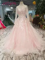 AXJFU Роскошная принцесса розовое кружевное свадебное платье с высоким воротом и бисером кристалл розовый цветок кружевное свадебное платье
