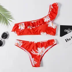 2019 одно плечо новый летний для женщин двойка печати Push-Up пляжный бюстгальтер с подкладкой комплект купальники пляжная одежда купальники