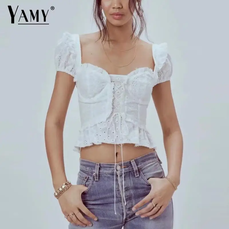 

Vintage embroidery white blouse women Korean fashion crop top sexy womens tops and blouses casual back zipper ruffles shirts
